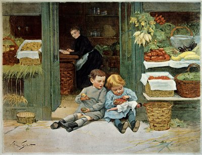 Reis ham. Barn som spiser toast foran morens dagligvarer. Den lille jenta har en dukke på knærne. Maleri av Victor Gilbert (1847-1935). Paris, dekorativ kunst av Victor Gabriel Gilbert