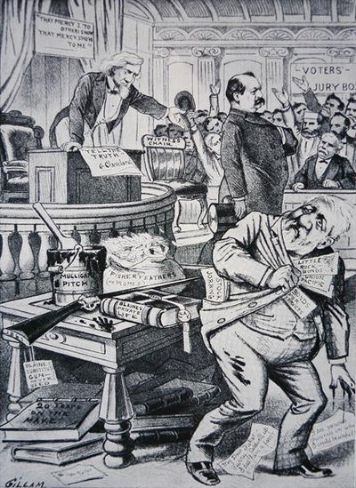 Grover Cleveland (1837-1908) forteller sannheten om sitt privatliv, mens motstanderen James Blaine (1830-93) blir fremstilt som korrupt av Victor Gillam