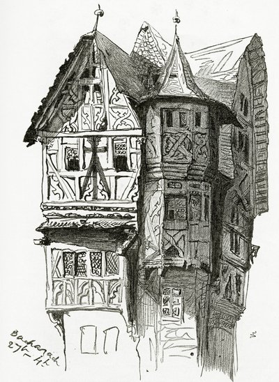 Hus i Bacharach ved Rhinen, 1800-tallet (bw-gravering) av Victor Hugo