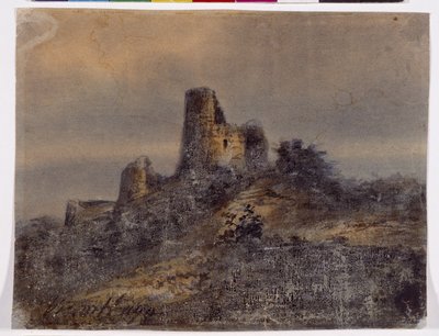 Utsikt over ruinene av slottet Arques la Bataille (Arques-la-Bataille) Tegning av Victor Hugo (1802-1885) 1800-tallet Dim 17,4x22 cm Marseille, Chateau Borely, Museum for dekorativ kunst, fajanse og mote av Victor Hugo