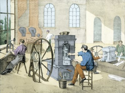 Myntbutikk (myntpreging) (myntfremstilling), litho de Janson. 1800-tallet. av Victor Janson