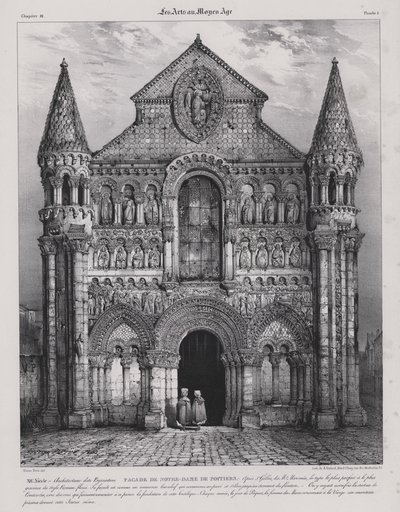 Romansk fasade av kirken Notre Dame la Grande, Poitiers, Frankrike (litho) av Victor Jean Baptiste (after) Petit