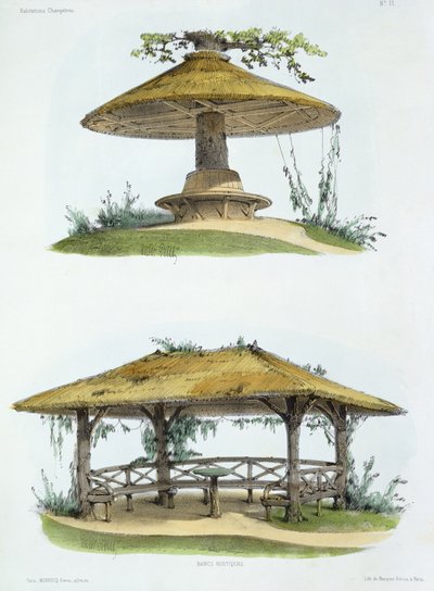 Rustikke benker, fra 'Habitations Champetres', utgitt ca. 1855 (kromolitografi) av Victor Jean Baptiste Petit
