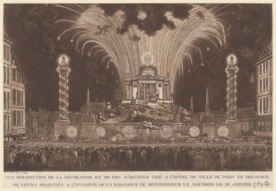 Dekorasjon og fyrverkeri ... fødselen til Monseigneur le Daufin (fyrverkeri som feirer Dauphinens fødsel) av Victor Jean Nicolle