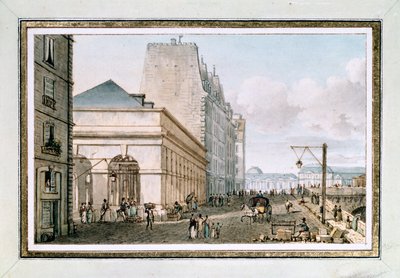 Utsikt over det nye fjærfemarkedet, som ligger på Quai des Augustins nær Pont-Neuf, Paris, ca. 1810 (akvarell) av Victor Jean Nicolle