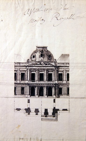 Design for en fasade til et kongehus (penn og blekk med grå vask) av Victor Louis