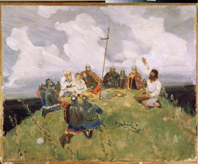 Boyan jouant du gousli (gusli, housli, husli) på 1000-tallet (Boyan spiller gusli) - Verk av Viktor Mikhaylovich Vasnetsov (1848-1926), olje på papp av Victor Mikhailovich Vasnetsov