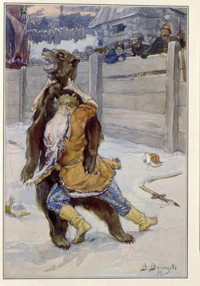 Bjørnekamp i tiden til tsar Feodor I Ivanovich av Russland (eller Theodore I Ionovich av Victor Mikhailovich Vasnetsov