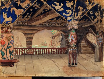 Forberedende dekor for teaterstykket ""La demoiselle des neiges"" av Alexandre Ostrovski (1823-1886) (Scenedesign for teaterstykket Snow Maiden av A Ostrovsky) Treterrassen - Verk av Viktor Mikhaylovich Vasnetsov (1848-1926) ) , olje på av Victor Mikhailovich Vasnetsov