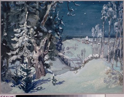 Forberedende dekor for operaen ""The Snow Maiden"" av Nicolas (Nikolai) Rimsky Korsakov (Rimsky-Korsakov) (1844-1908) (Scenedesign for operaen Snow Maiden av N Rimsky Korsakov) En landsby i et landskap av snø, natt - Kunstverk av Viktor Mi av Victor Mikhailovich Vasnetsov