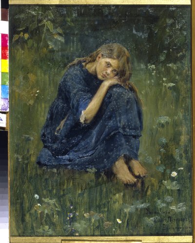 Studie for Alyonushka (Alyonushka. Study). Inspirert av den tradisjonelle russiske legenden om søsteren Alionouchka og hennes bror Ivanouchka. Maleri av Viktor Mikhaylovich Vasnetsov (1848-1926), olje på lerret av Victor Mikhailovich Vasnetsov
