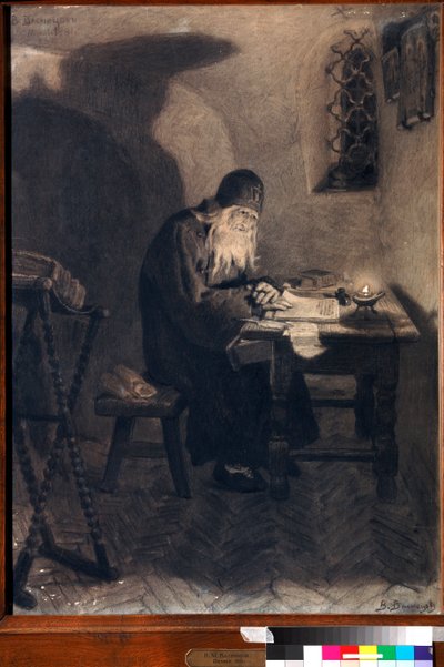 ""Pimene"" (Pimen) Illustrasjon for operaen ""Boris Godunov"" (Boris Godunov) av Alexander Pushkin Maleri av Viktor Vasnetsov (1848-1926) - 1891 - Kull, fargeblyant og hvit farge på papir - Statens museum Abramtsevo Eiendom, Moskva av Victor Mikhailovich Vasnetsov