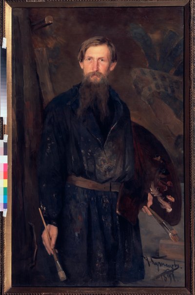 Portrett av kunstneren Viktor Vasnetsov (Portrett av kunstneren Viktor Vasnetsov) - Maleri av Nikolai Dmitrievich Kuznetsov (1850-1929), olje på lerret av Victor Mikhailovich Vasnetsov