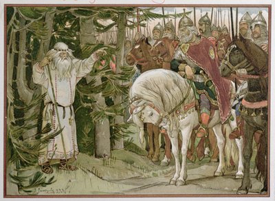 Prins Oleg (d.c.912) møter spåmannen som profeterer at hesten hans vil være årsaken til hans død, illustrasjon fra 