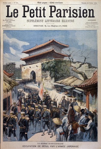 Den japanske hæren okkuperer Seoul, Korea - Gravering fra Le Petit Parisien, 28/02/1904 av Victor Mottez