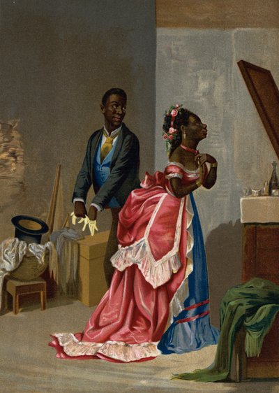 Svarte cubanere kler seg for å gå til dansen (chromolitho) av Victor Patricio Landaluce