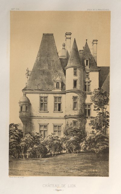 Pittoresk arkitektur eller monumenter fra det 15. århundre. Og XVI. Centuries: Chateaux of France of the XV and XVI Centuries: Pl. 49, Château De Lion (Calvados) av Victor Petit