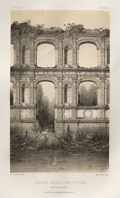 Pittoresk arkitektur eller monumenter fra det 15. århundre. Og XVI. Centuries: Castles of France of the XV and XVI Centuries: Pl. 74, Ruined Gallery Of A Castle, etter en gammel tegning av Victor Petit