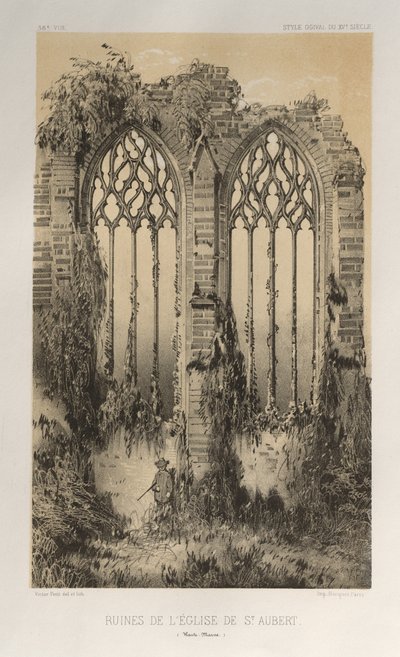 Pittoresk arkitektur eller monumenter fra det 15. århundre. Og XVI. Centuries: Chateaux of France of the XV and XVI Centuries: Pl. 38, ruinene av St. Aubert-kirken (Haute-Marne) av Victor Petit