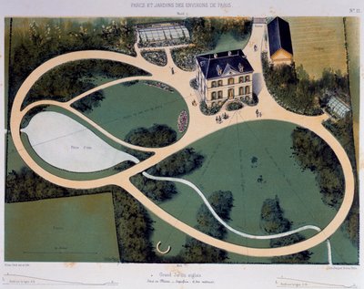 Stor engelsk hage på 6300 kvadratmeter, Illustrasjon hentet fra Parcs et Jardins des environs de Paris (Parker og hager rundt Paris), ca 1850, Litografi av Victor Petit (1818-1871), Frankrike av Victor Petit