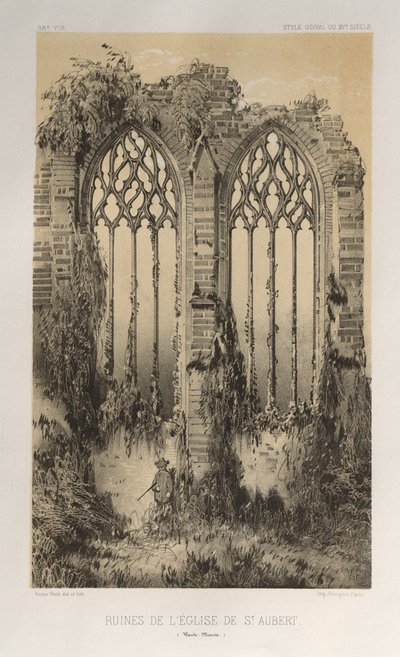 ...pl. 38, ruinene av kirken St. Aubert Haute-Marne, 1860. av Victor Petit