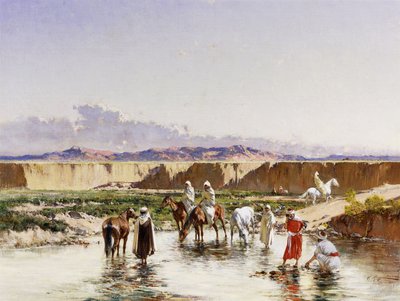 Arabiske ryttere som vanner i en oase, av Victor Pierre Huguet