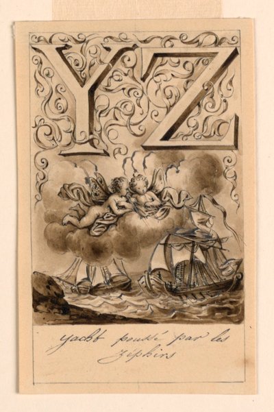 Design for bokstavene Y og Z i en primer: Yacht/Zéphir (Yachts drevet av Zephyrs) av Victor Vincent Adam