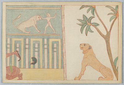 Løven felt av mannen, illustrasjon for Aesops fabler av Victor Wilbour