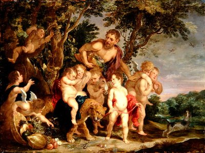 A Bacchanal in a Wooded River Landscape (olje på kobber) av Victor Wolfvoet