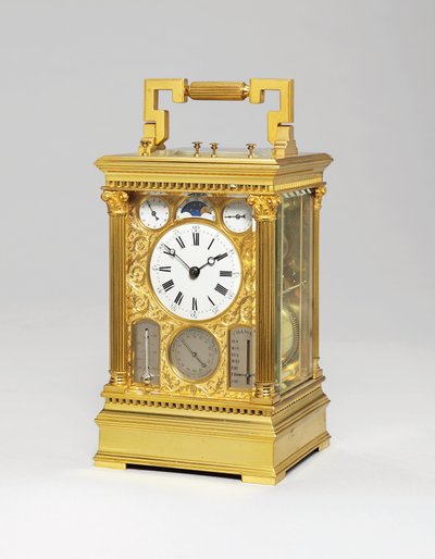 Fransk grande sonnerie i messing åtte dagers vognklokke med full kalender, månefase, barometer og termometer, ca. 1880 av Victorien Boseet