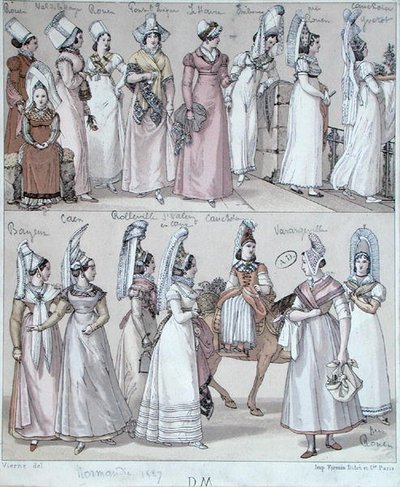 Tradisjonelle drakter fra Normandie, ca. 1830 (litho-farge) av Vierne (after)