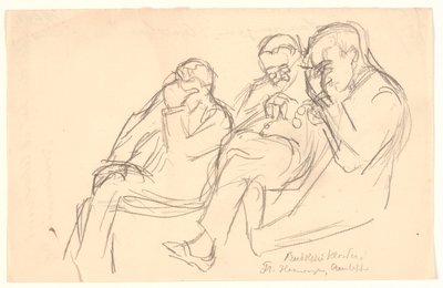 Figurskisse. Tre sittende menn: Fr. Henningsen, Aarsleff og P. Johansen av Viggo Johansen