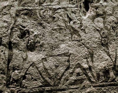 De døde som rir på Odins hest, detalj av en vikingbegravelsesstein, 7.-8. århundre e.Kr. av Viking