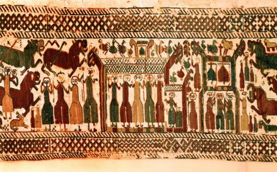 Viking: sangere og ringeklokker. Tapetet av kirken Skog, Suede, sent på 1100-tallet. Stockholm, historiska museet av Viking