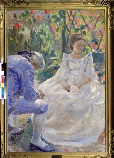 ""Høstens melodi"" (En høstmelodi). Galant scene mellom en mann og en kvinne som holder en blomst i hånden. De er kledd i 1700-tallsmote og virker triste (brudd?). Maleri av Viktor (Victor) Elpidiforovich Borisov av Viktor Elpidiforovich Borisov Musatov