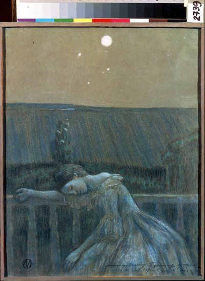 ""The Sorrow"" (Sorrow) En desperat ung jente som lener seg mot et rekkverk. Akvarell og pastell av Viktor (Victor) Elpidiforovich Borisov-Musatov (Borisov Musatov) (1870-1905) (symbolikk) 1903 Statens museum for historie og kunst Serpukhov (Serpukhov). av Viktor Elpidiforovich Borisov Musatov