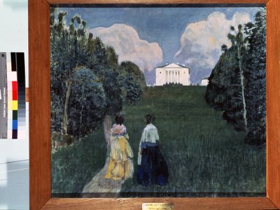 Glimt av solnedgangen. To kvinner går ned en landevei. Maleri av Viktor (Victor) Elpidiforovich Borisov Musatov (Borisov-Musatov) (1870-1905). tempera på lerret av Viktor Elpidiforovich Borisov Musatov