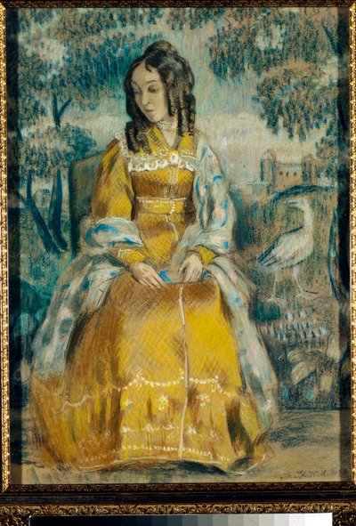 Portrett av Nadezhda Stanyukovich foran et billedvev, ettertenksom, iført krinolinkjole - Tegning av Viktor (Victor) Elpidiforovich Borisov-Musatov (Borisov Musatov) (1870-1905) av Viktor Elpidiforovich Borisov Musatov