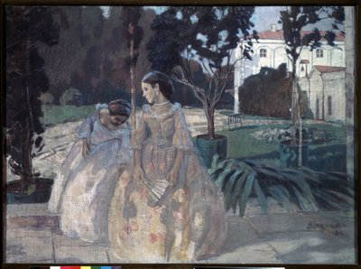 Tapet. To elegante unge kvinner går i hagen til en velstående eiendom. Maleri av Viktor (Victor) Elpidiforovich Borisov Musatov (Borisov-Musatov) (1870-1905). tempera på lerret av Viktor Elpidiforovich Borisov Musatov