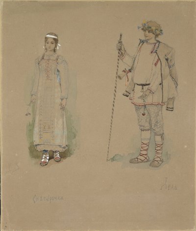 Snow Maiden og Lel. Kostymedesign for operaen Snow Maiden av N. Rimsky-Korsakov, 1885 av Viktor Mikhaylovich Vasnetsov