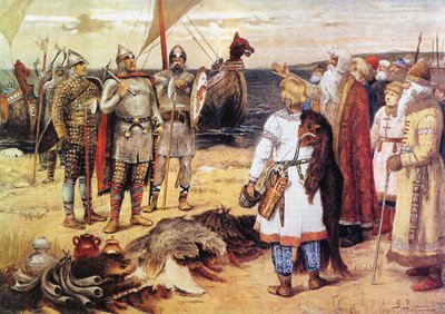 Varangianernes invitasjon: Rurik og brødrene hans ankommer Staraya Ladoga, før 1912 av Viktor Mikhaylovich Vasnetsov