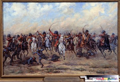 Angrep fra Savage Division på det østerrikske infanteriet. Episode av første verdenskrig (1914-1918): offensiv av russiske tropper, massakre på soldater på fronten, krigens grusomheter av Viktor Viketyevich Masurovsky