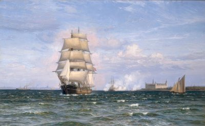 Dansk lekter foran Kronborg slott og Helsingør i det fjerne av Vilhelm Arnesen