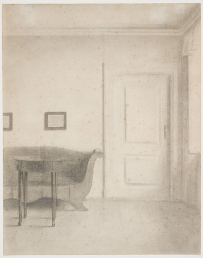 Interiør med sofa og lite bord, t.h. en dør av Vilhelm Hammershøi