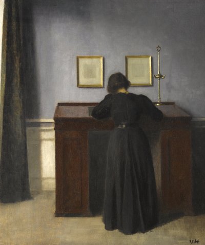 Ida står ved et skrivebord, 1900 av Vilhelm Hammershoi