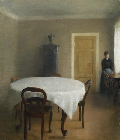 Interiør, spisestuen i Hammershøis barndomshjem, Frederiksberg Allé, 1891 av Vilhelm Hammershoi