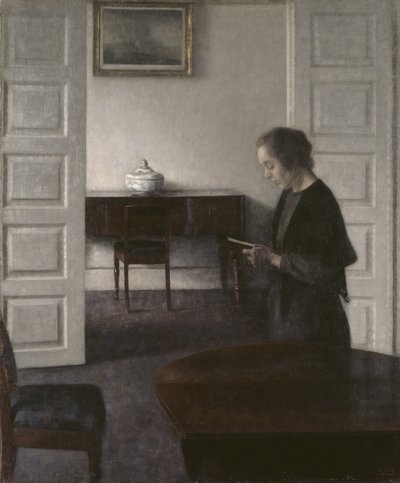 Interiør med en dame som leser, ca. 1900 (olje på lerret) av Vilhelm Hammershoi