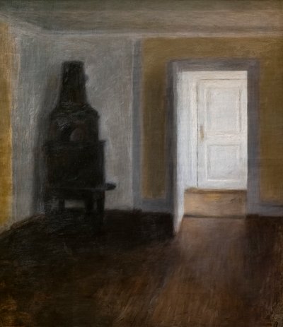 Den hvite døren (interiør med den gamle ovnen) av Vilhelm Hammershoi