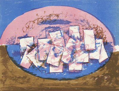Blå og rosa ellipse med firkanter på brun og blå bakgrunn av Vilhelm Lundstrøm