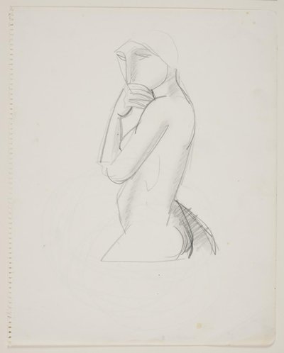 Kvinnemodell, 3/4 figur, med hånd over munn av Vilhelm Lundstrøm